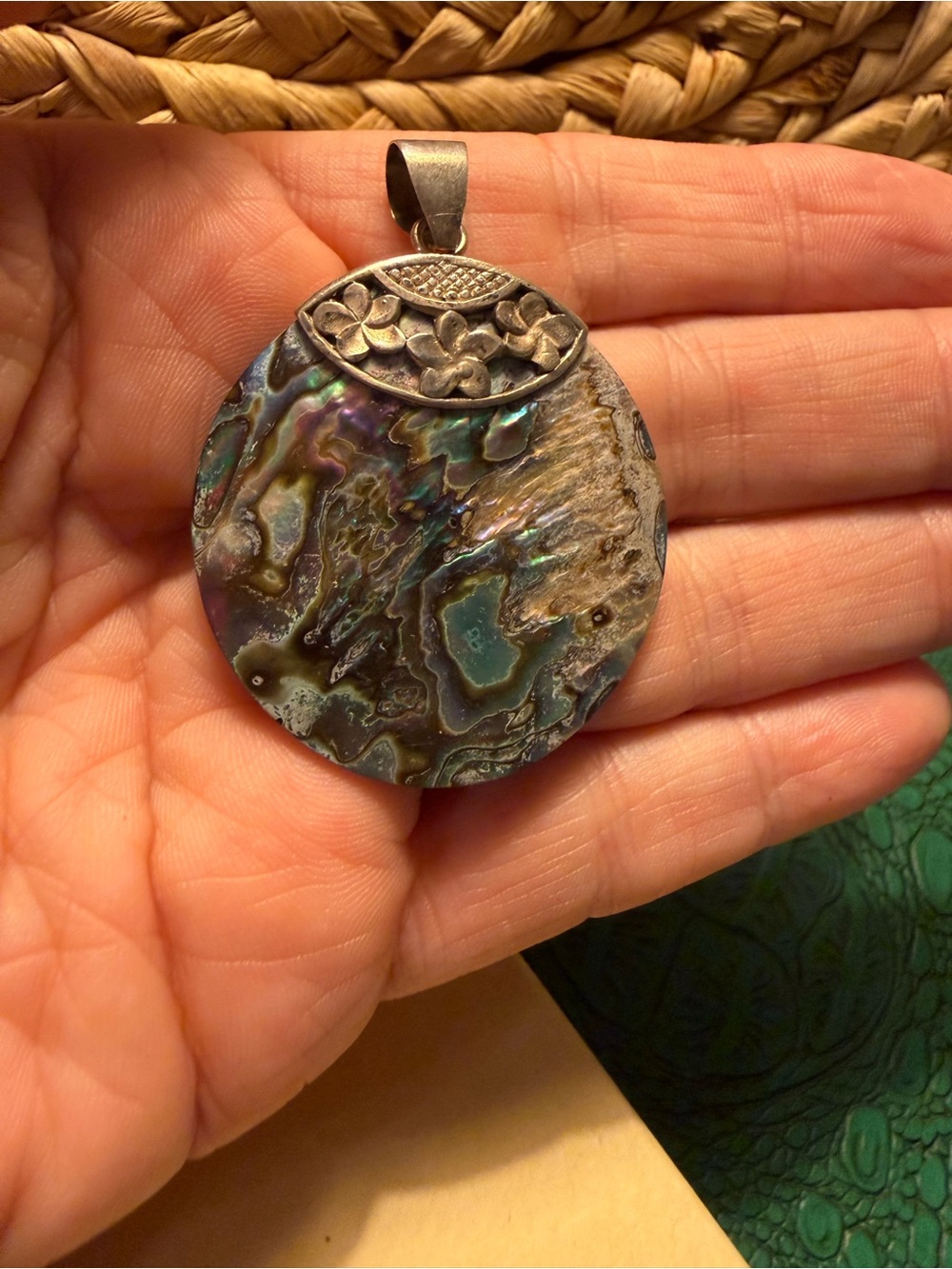 Artisan Abalone Shell Round Pendant Iridescent Green & Purple Sterling Pendant